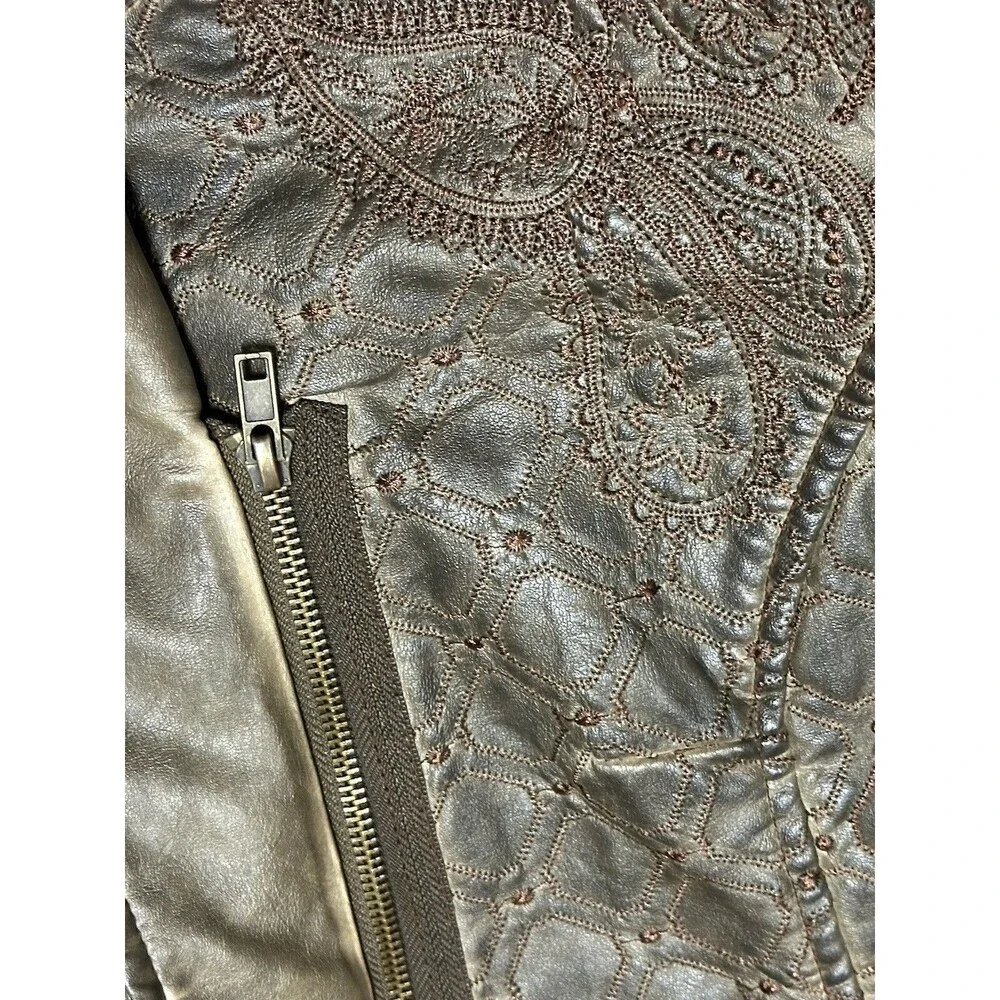 NEW Allen Schwartz Womens Small Lattice Embroidered Brown Faux Leather Jacket